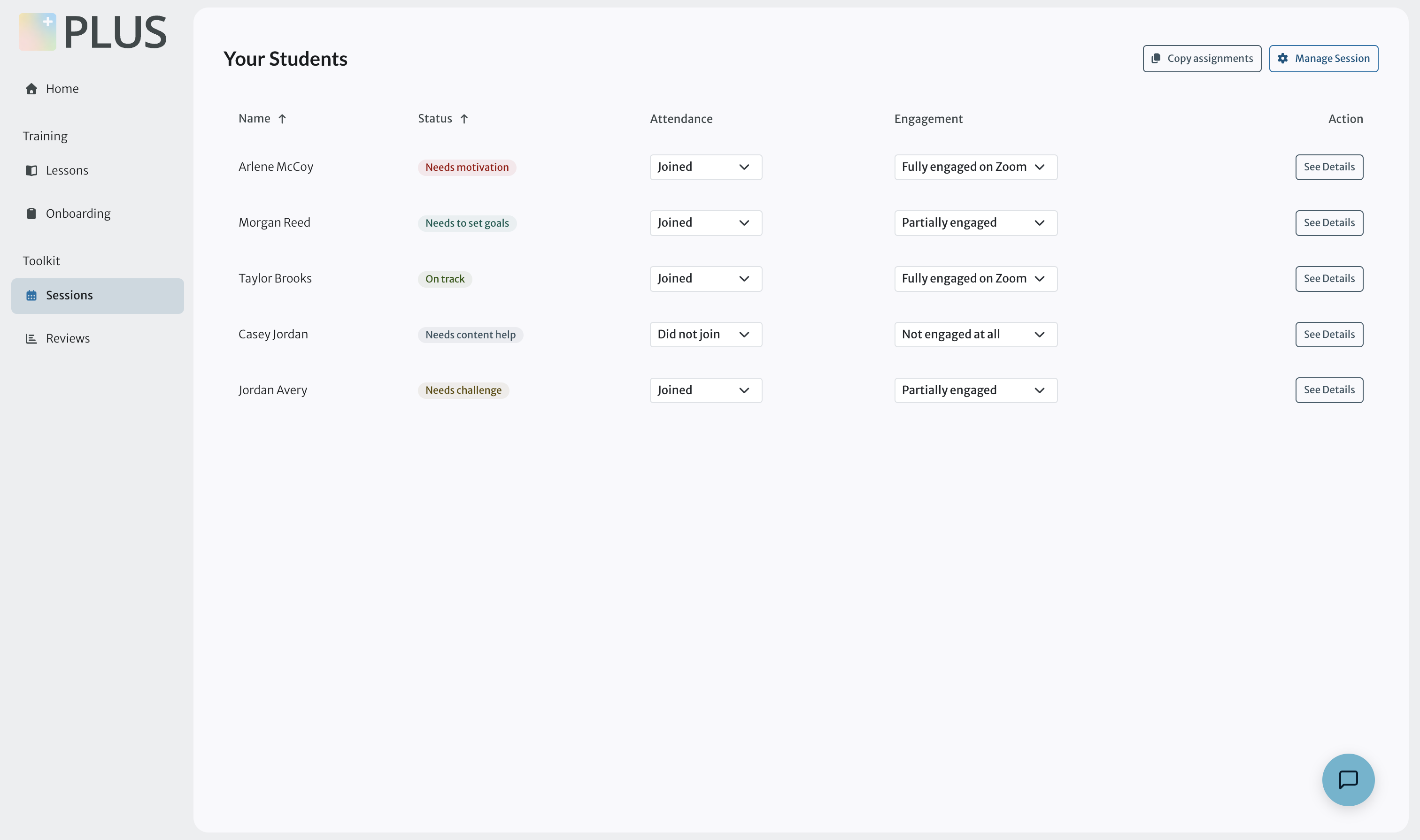 PLUS training modules and session overview cards