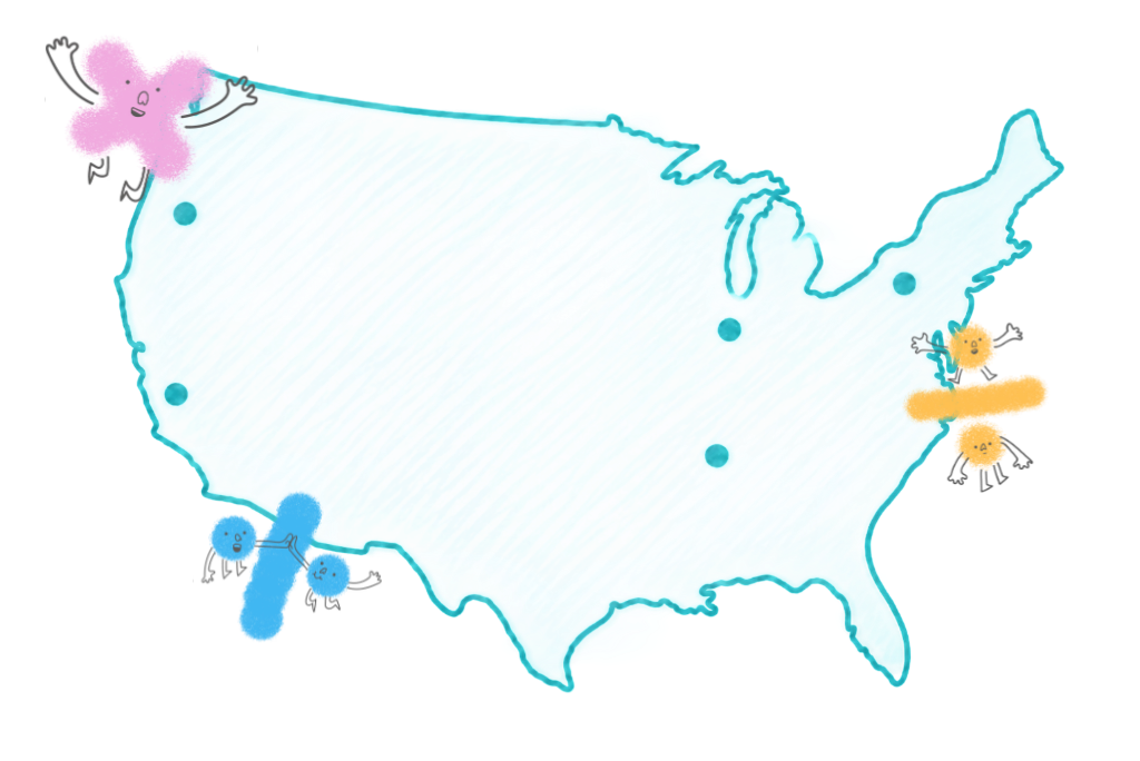 Hand-drawn map of the United States with PLUS program location markers across CA, OR, IL, PA, and TN